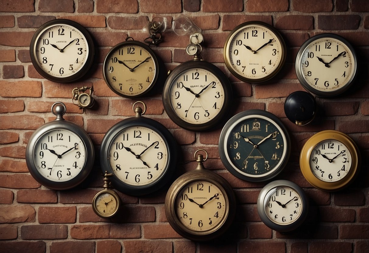 A collection of retro wall clocks hang on a weathered brick wall, surrounded by vintage home decor items. The clocks feature bold, colorful designs and classic Roman numerals