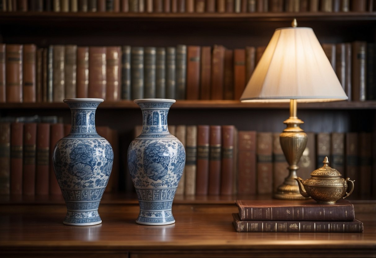 Two classic porcelain vases sit on a wooden shelf, surrounded by antique books and a vintage lamp. The vases are ornately decorated with intricate patterns and delicate floral designs