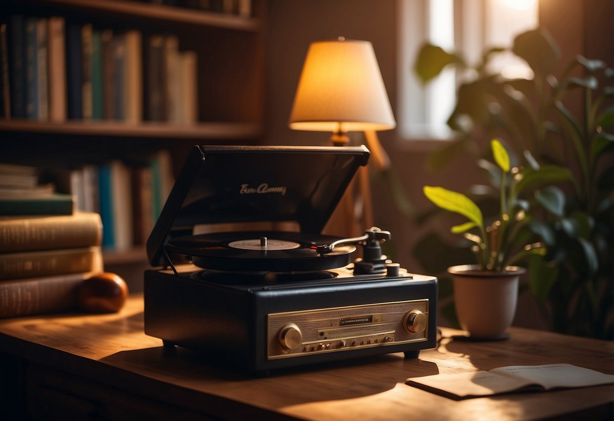 A vintage record player sits on a wooden shelf, surrounded by antique books and a retro rotary phone. A soft, warm light illuminates the cozy corner of the room