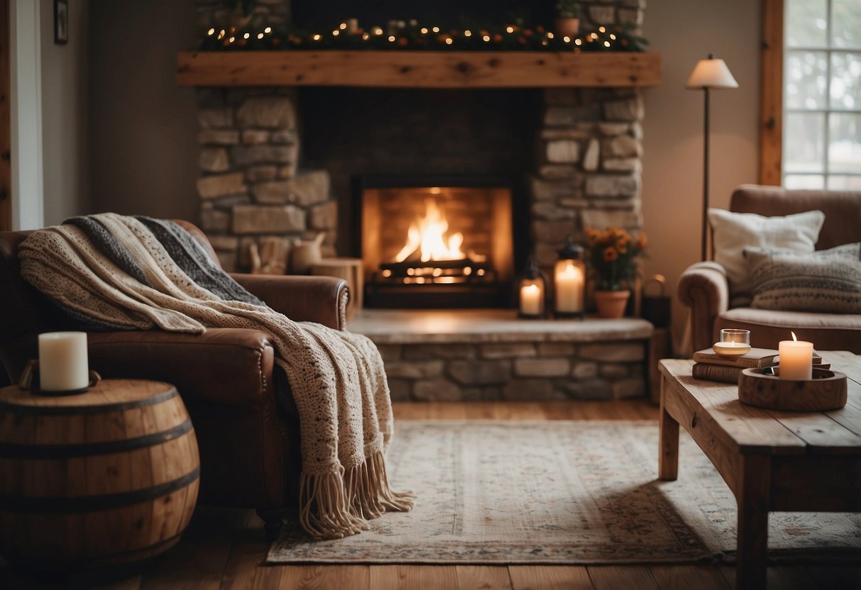 A cozy living room with rustic wooden furniture, soft earthy tones, and vintage accents. A fireplace with a stack of firewood, cozy blankets, and a warm rug complete the country home decor