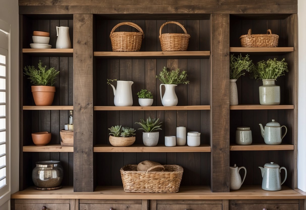 Rustic wooden shelves adorned with country home decor items