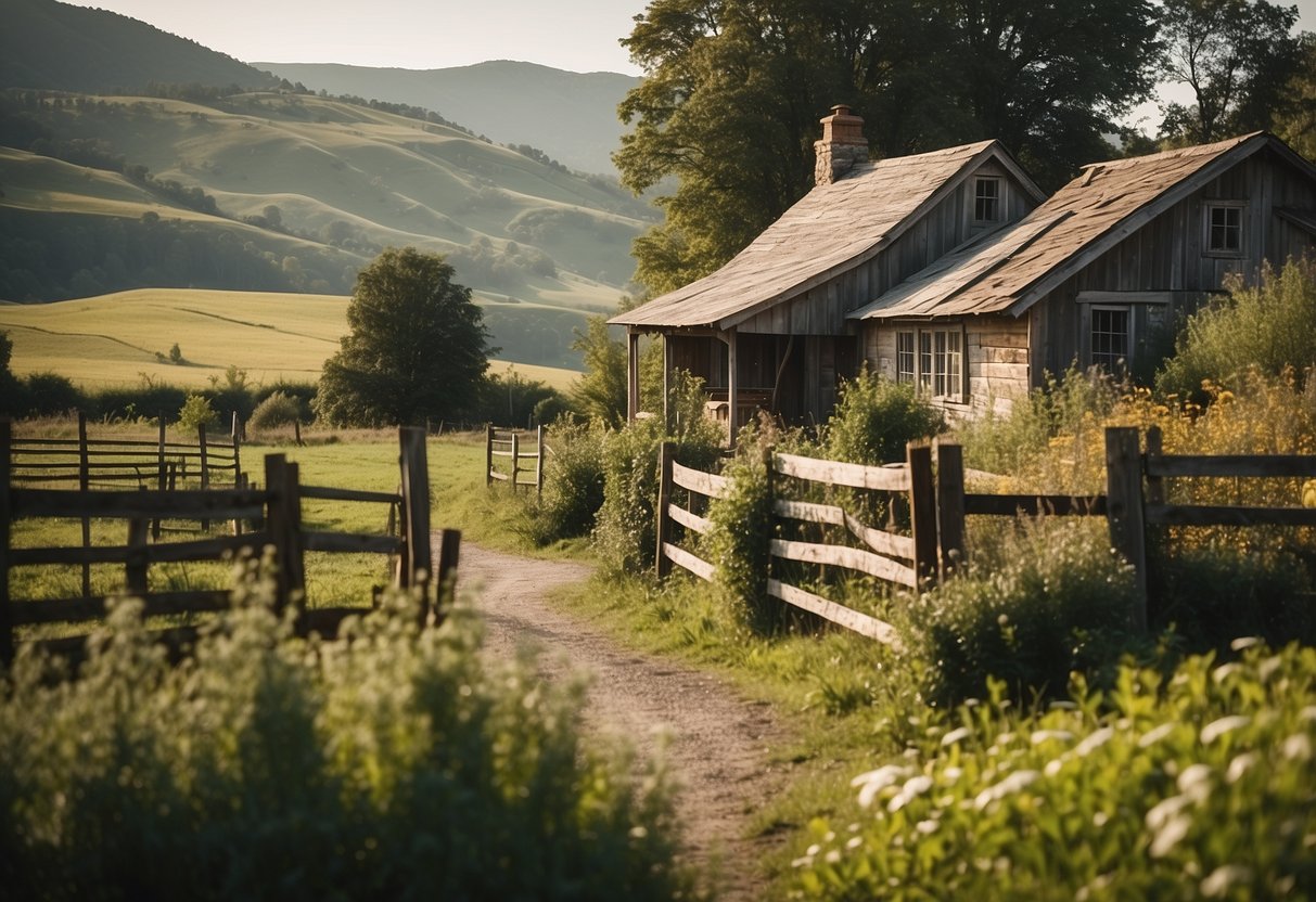 A rustic farmhouse with weathered signs, surrounded by rolling hills and a quaint garden. Classic country home decor ideas