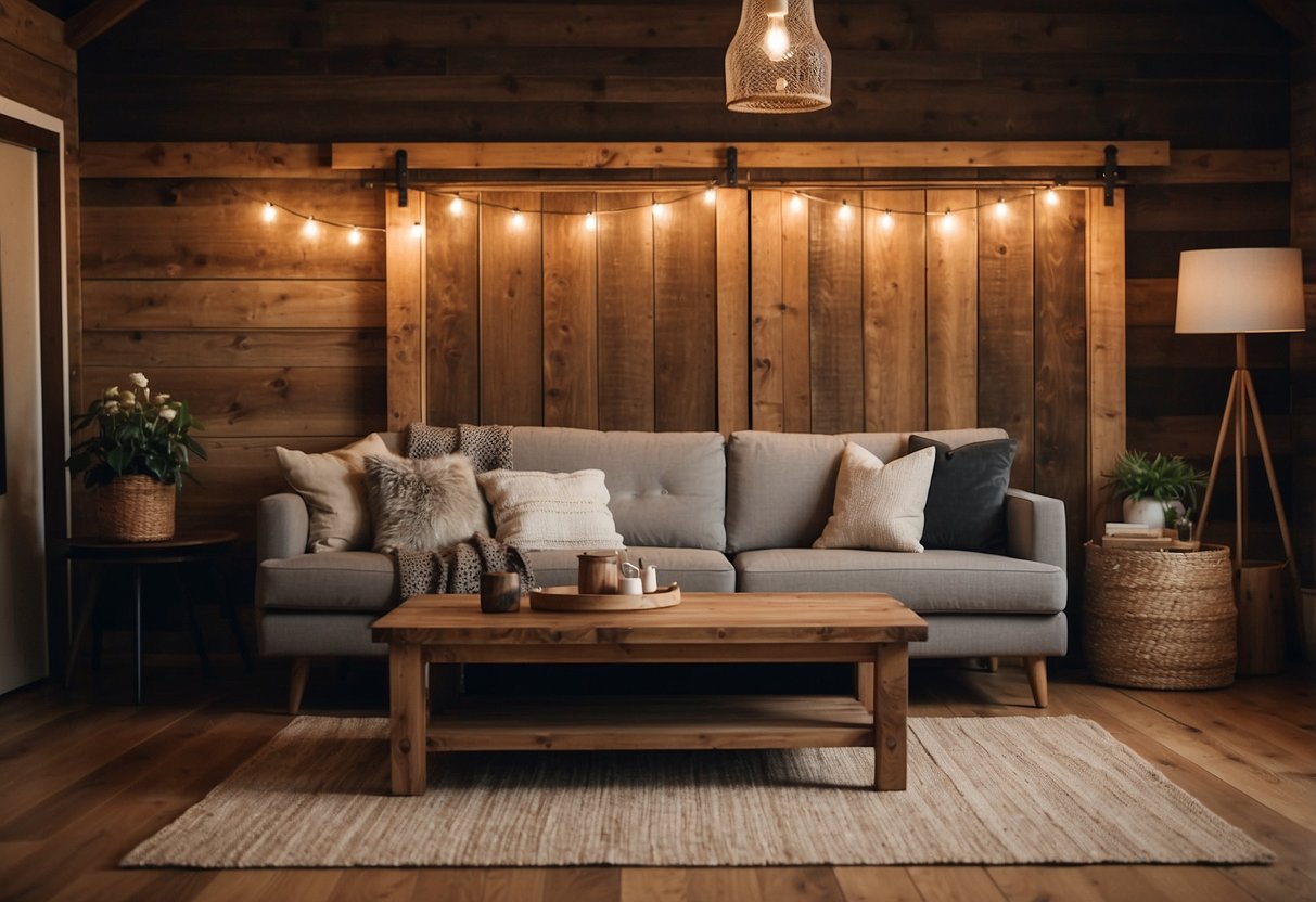 A rustic barn door serves as a coffee table in a cozy country home, surrounded by vintage decor and warm lighting