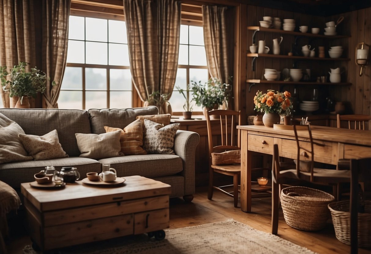 A cozy country home with warm earthy tones and rustic patterns, featuring plaid curtains, floral wallpaper, and wooden furniture