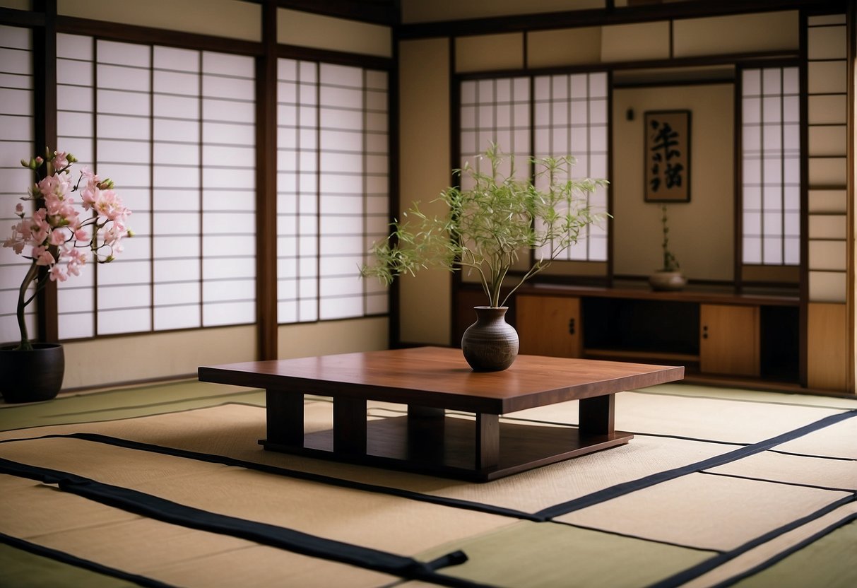 A traditional Japanese tatami room with sliding shoji doors, a low wooden table with floor cushions, and a tokonoma alcove with a hanging scroll and ikebana flower arrangement