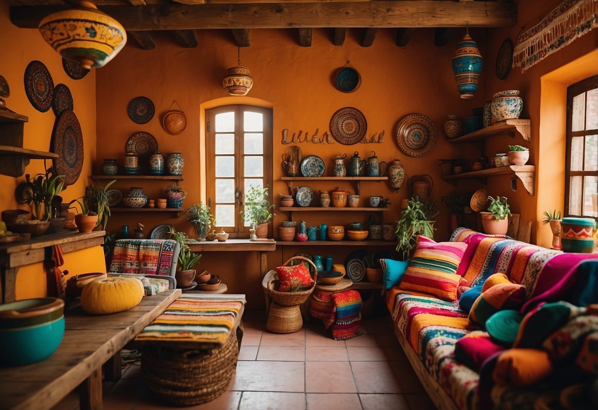 A vibrant Mexican home with colorful textiles, hand-painted tiles, and traditional pottery adorning the walls and shelves. A cozy space with warm earthy tones and rustic wooden furniture