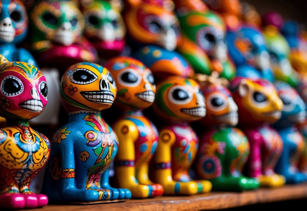 Colorful papier-mâché figurines fill a vibrant Mexican home, adorned with intricate patterns and traditional designs. Brightly painted animals, skeletons, and mythical creatures bring a festive and lively atmosphere to the space