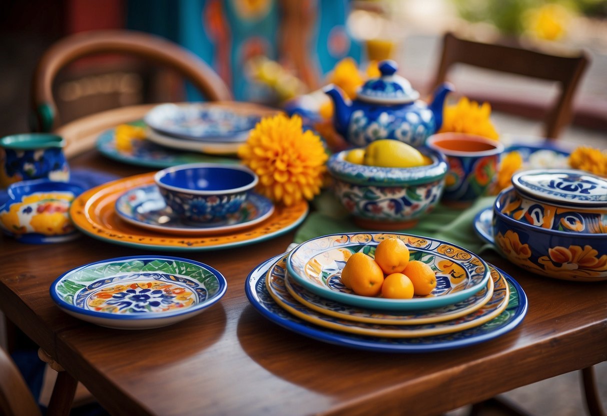 A table set with vibrant Puebla Talavera Plates, surrounded by colorful Mexican home decor items, creating a lively and cultural atmosphere