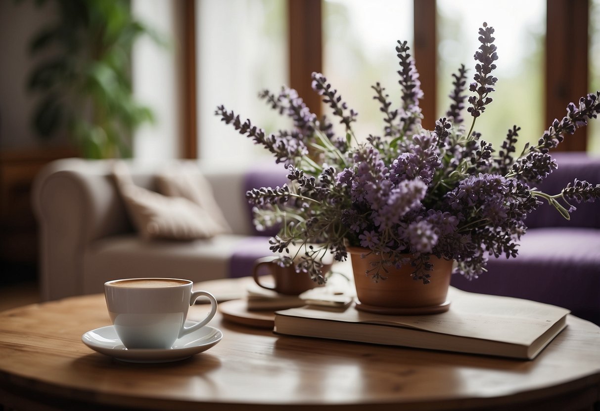 A cozy living room with floral curtains, rustic wooden furniture, and a vintage chandelier. A bouquet of lavender sits on the coffee table