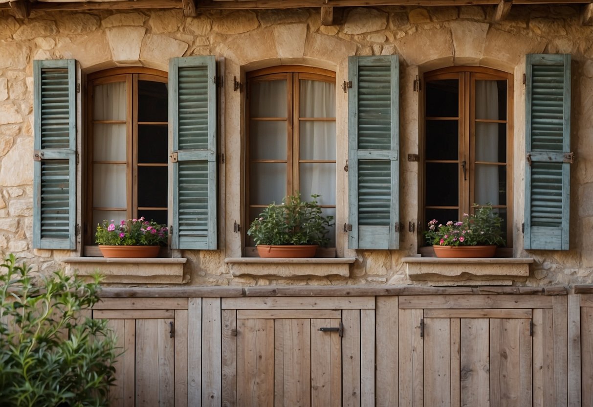 Distressed wooden shutters adorn a rustic French country home, adding charm and character to the exterior