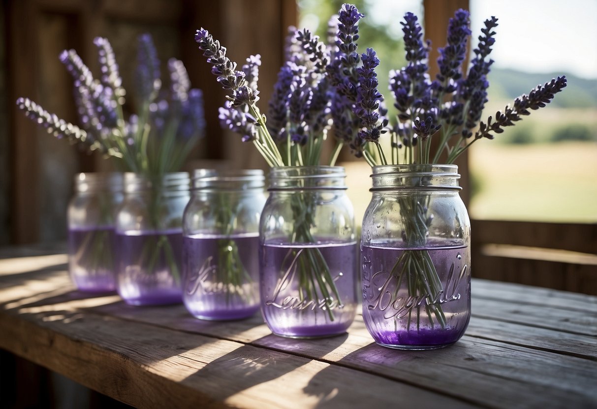 Lavender-filled mason jars adorn a rustic table in a French country home, adding a touch of charm and tranquility to the decor