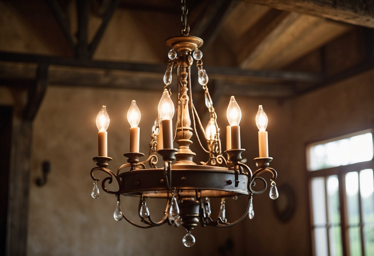 A rustic iron chandelier hangs from a wooden beam, casting a warm glow over a cozy French country home. The room is adorned with vintage decor and earthy tones, creating a charming and inviting atmosphere