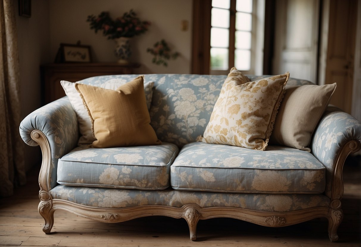 A cozy living room with toile fabric cushions on a rustic wooden sofa, surrounded by vintage French country home decor