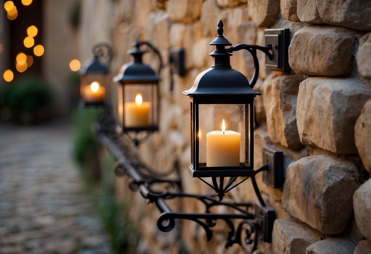 Wrought iron candle holders adorn a rustic French country home, casting a warm glow against the stone walls and wooden beams