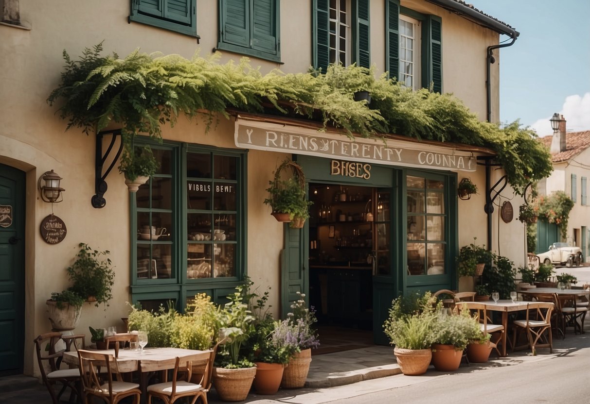 A quaint bistro with charming French country signs, surrounded by rustic home decor and lush greenery