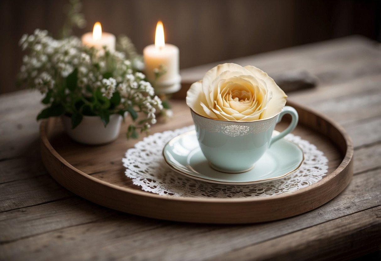 A rustic wooden tray holds a collection of vintage French accents - a weathered candlestick, a floral teacup, and a delicate lace doily