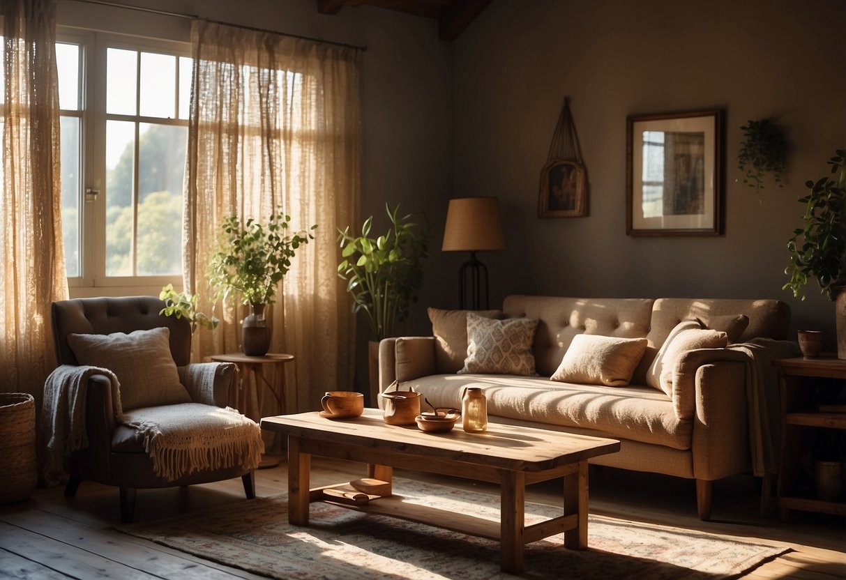 A cozy living room with handmade wooden furniture, vintage rugs, and DIY wall art. Sunlight streams in through lace curtains, casting a warm glow over the rustic decor