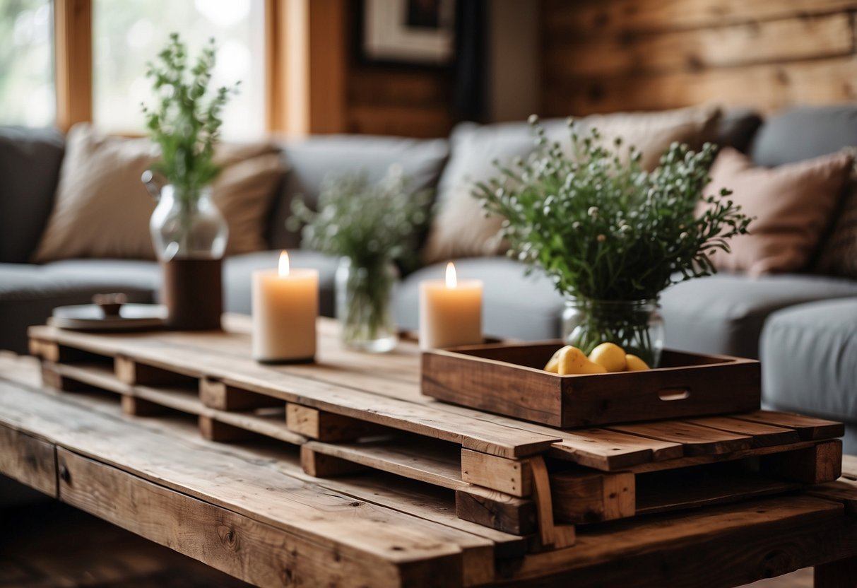 A rustic pallet coffee table sits in a cozy country home, adorned with simple decor and surrounded by warm, inviting furniture