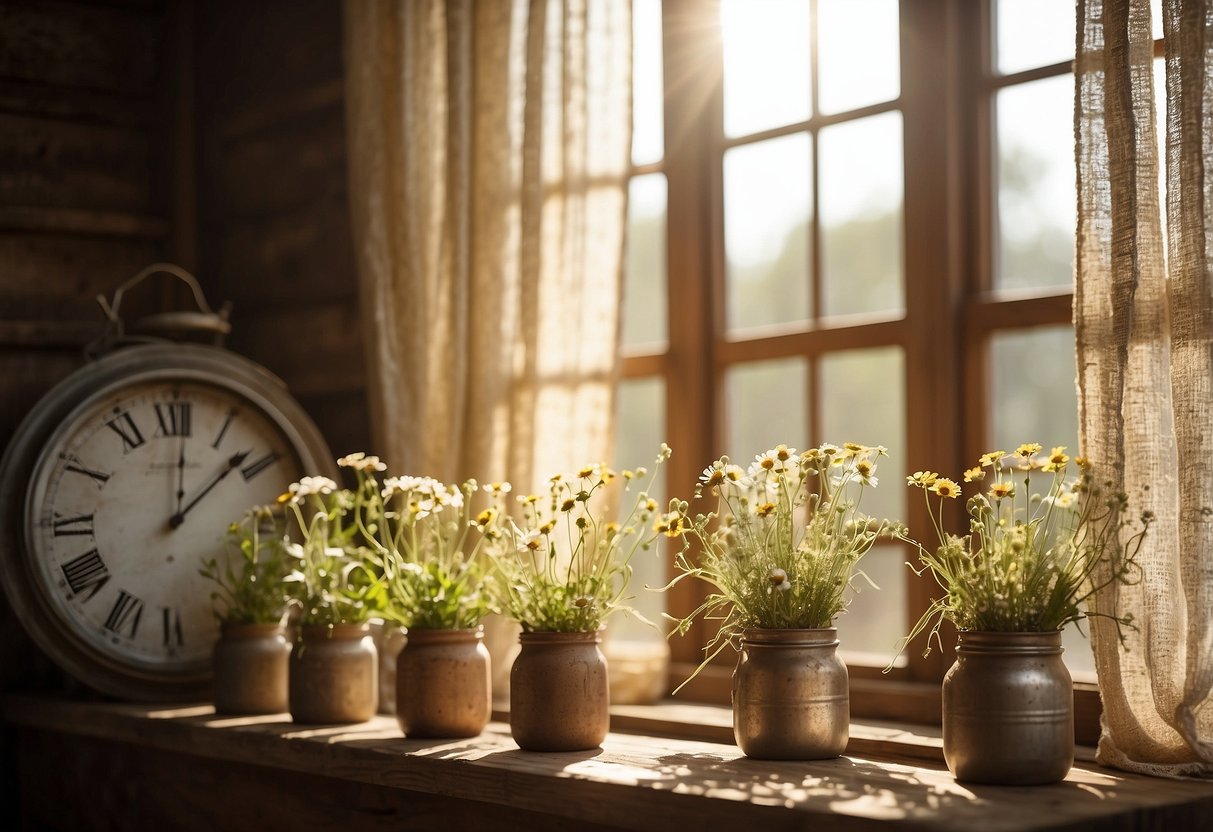 A rustic farmhouse wall clock hangs on weathered wood paneling, surrounded by mason jar vases and wildflowers. Sunlight streams through lace curtains, casting a warm glow on the charming country decor