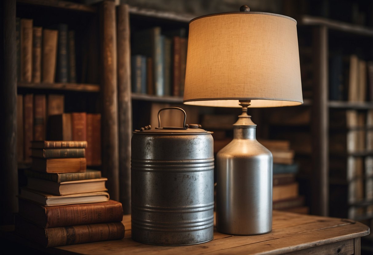 An antique milk can repurposed as a side table, adorned with a rustic table lamp and a stack of vintage books. A cozy country home decor idea