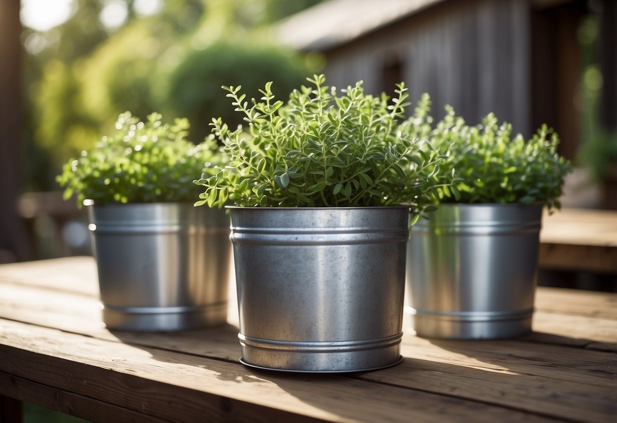 Rustic galvanized metal planters arranged on a wooden farmhouse table with greenery spilling over the edges