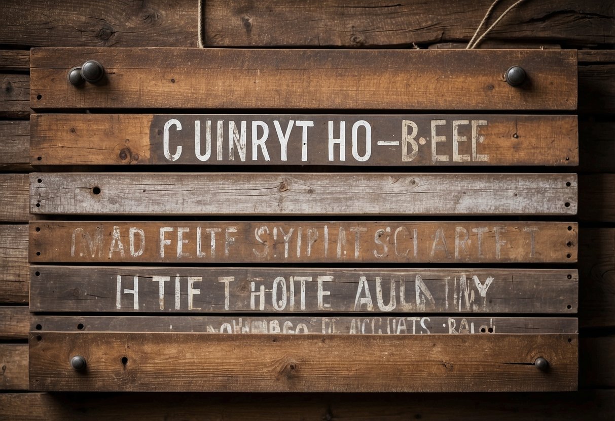 A weathered wood sign hangs on a rustic wall, with a hand-painted quote. The distressed finish adds character to the DIY country home decor