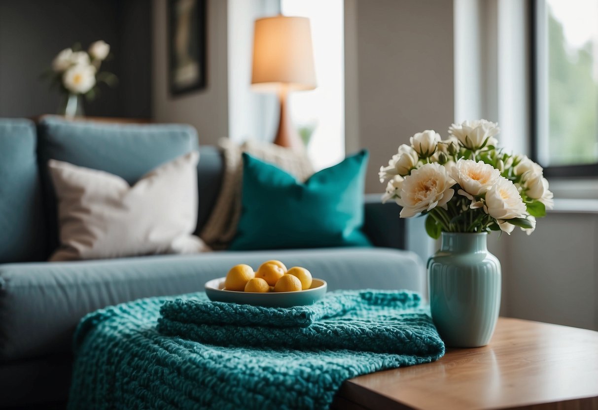 A living room with a turquoise rug, throw pillows, and wall art. A vase of fresh flowers sits on a side table, and a cozy blanket is draped over the sofa