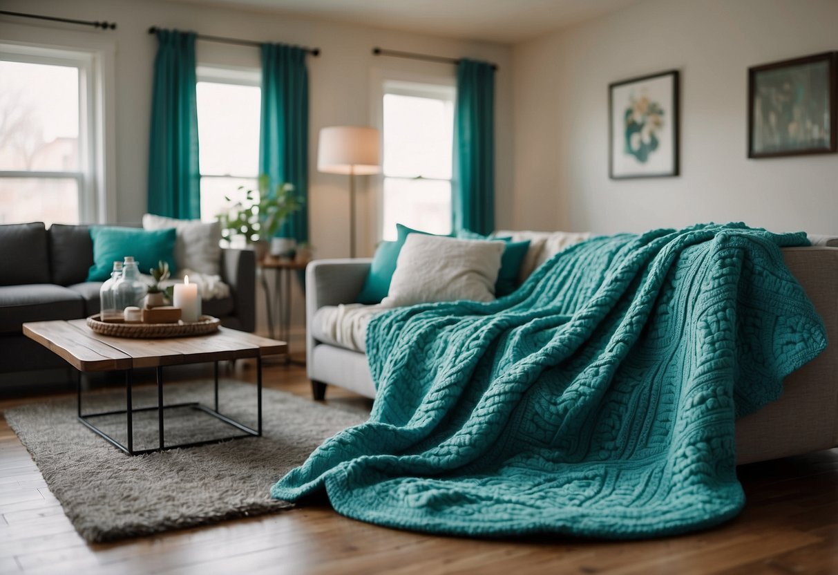 A cozy living room with turquoise quilts draped over a sofa and armchair, complemented by matching throw pillows and a rug