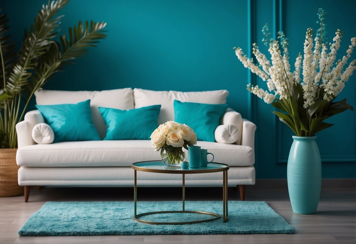 A living room with turquoise walls, a white sofa with turquoise throw pillows, a turquoise area rug, and a vase of turquoise flowers on a coffee table