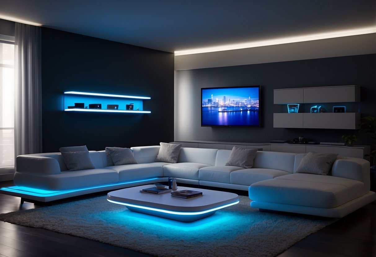 A sleek, minimalist living room with holographic art, floating shelves, and futuristic furniture. Blue LED lighting and metallic accents give the space a high-tech vibe