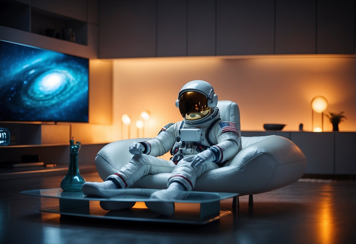 An astronaut throw pillow floats in a futuristic living room, surrounded by sleek metallic furniture and glowing neon accents