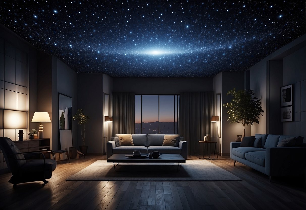 A dark room with a ceiling covered in LED lights resembling a meteor shower, creating a sci-fi ambiance for home decor