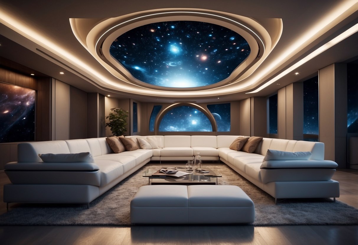 A futuristic living room with a planetarium projector casting celestial patterns on the walls and ceiling, creating a sci-fi ambiance