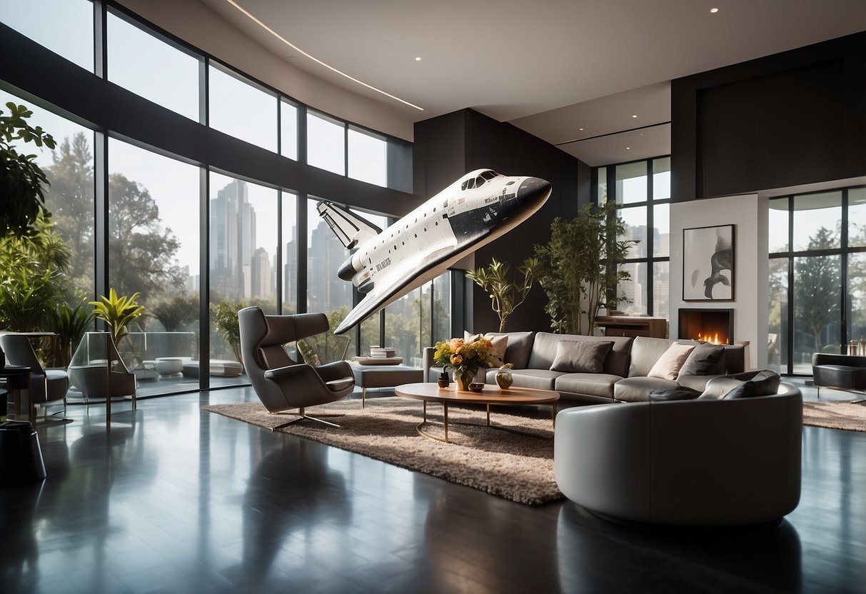 A sleek space shuttle model floats above a modern living room, surrounded by metallic accents and futuristic furniture