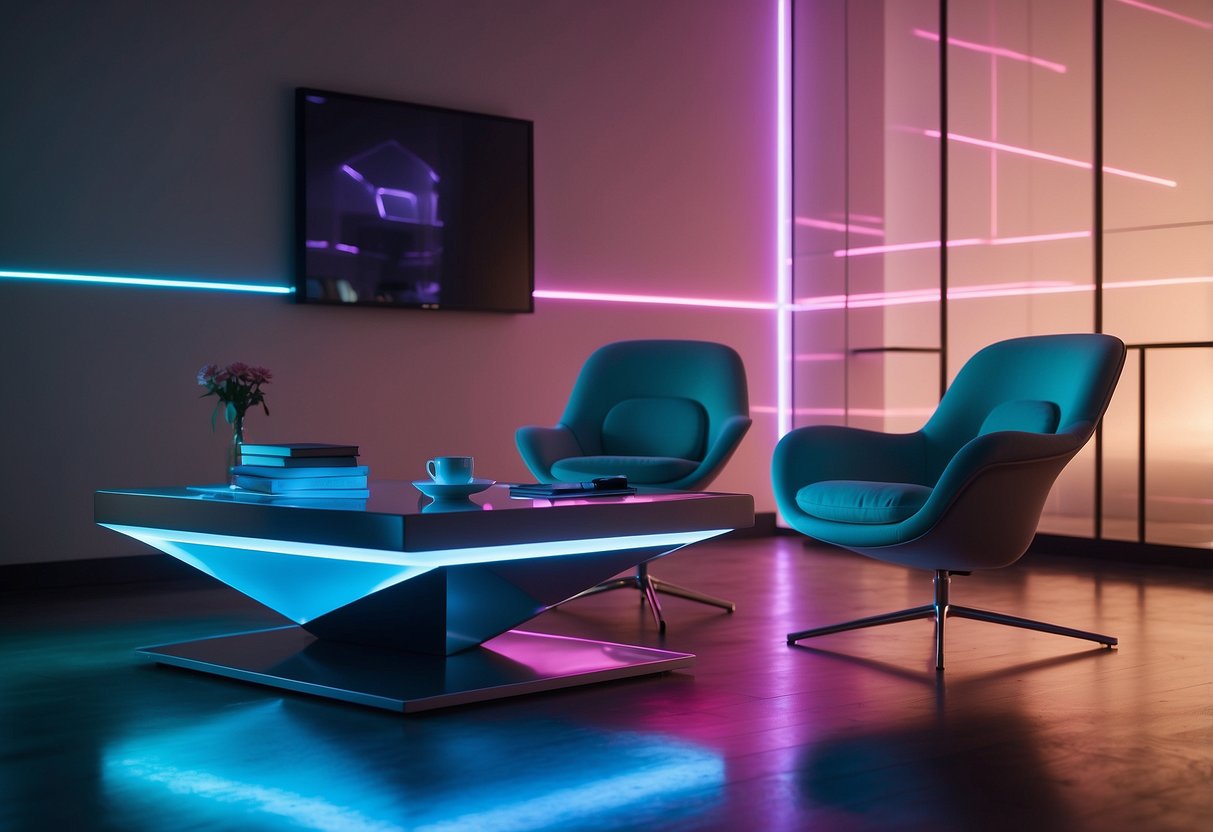 A sleek, minimalist living room with holographic coffee table, levitating chairs, and neon accent lighting. Futuristic decor includes metallic surfaces and geometric shapes