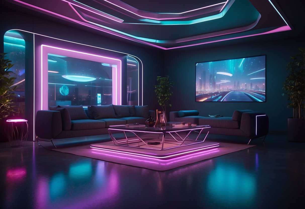 A futuristic living room with neon lights, holographic projections, and sleek metallic furniture. The walls are adorned with glowing geometric patterns, creating a vibrant and futuristic atmosphere