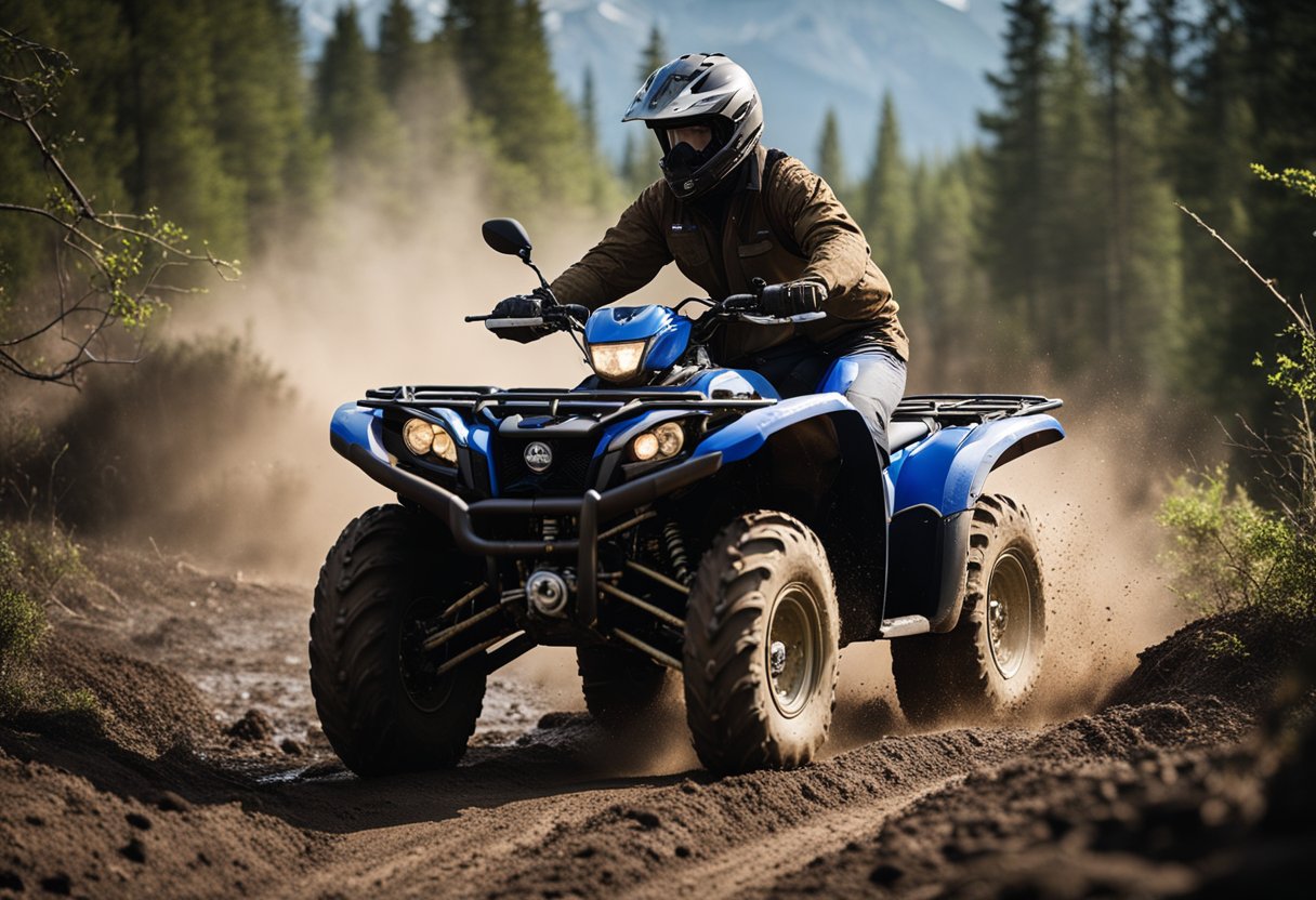 A Yamaha Grizzly 700 sits in a muddy trail, smoke rising from the engine. The front wheels are stuck in a deep rut, and the rider looks frustrated