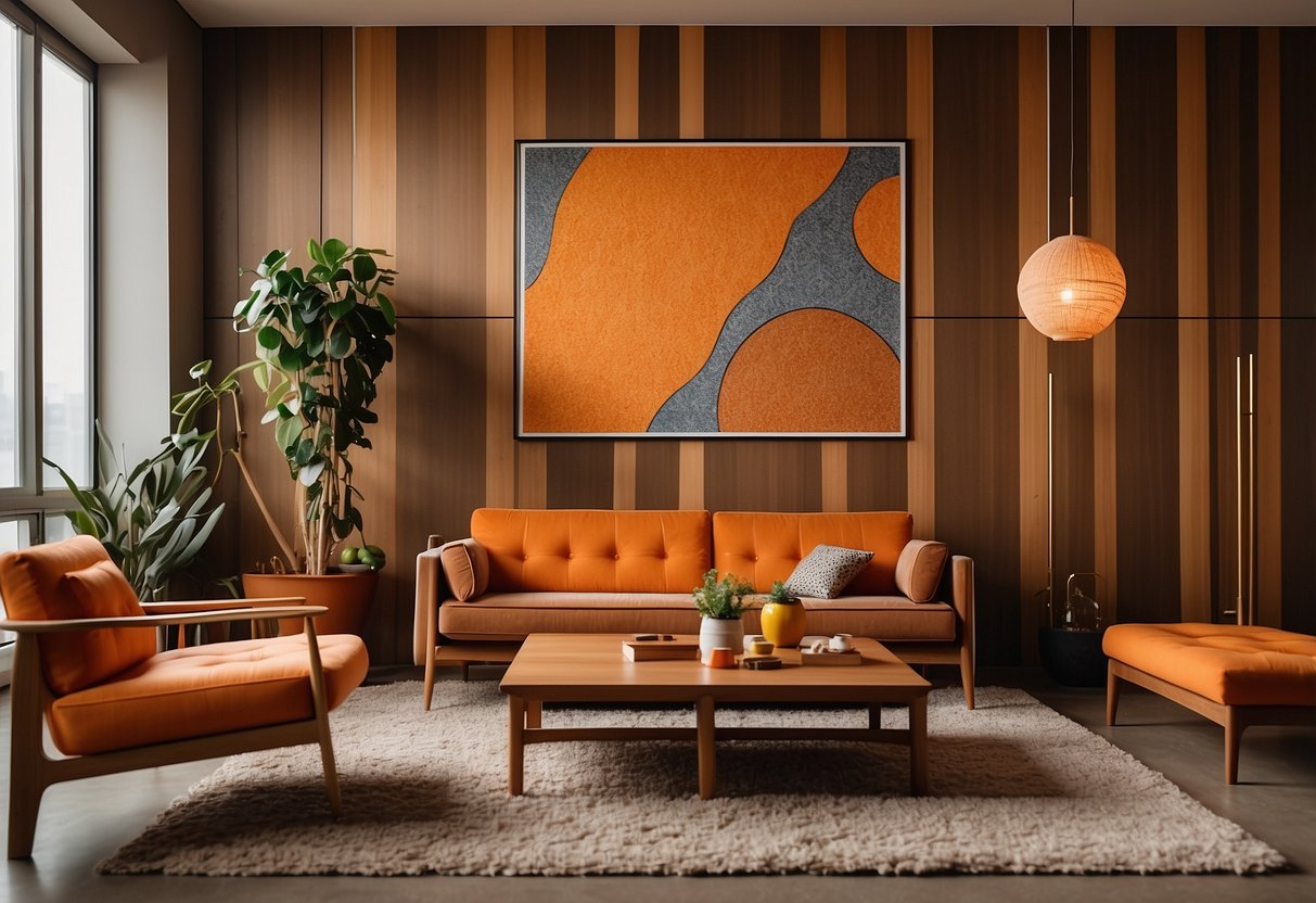 A living room with shag carpet, wood paneling, and orange and brown furniture. Lava lamps, macrame wall hangings, and geometric patterns add to the 70's vibe