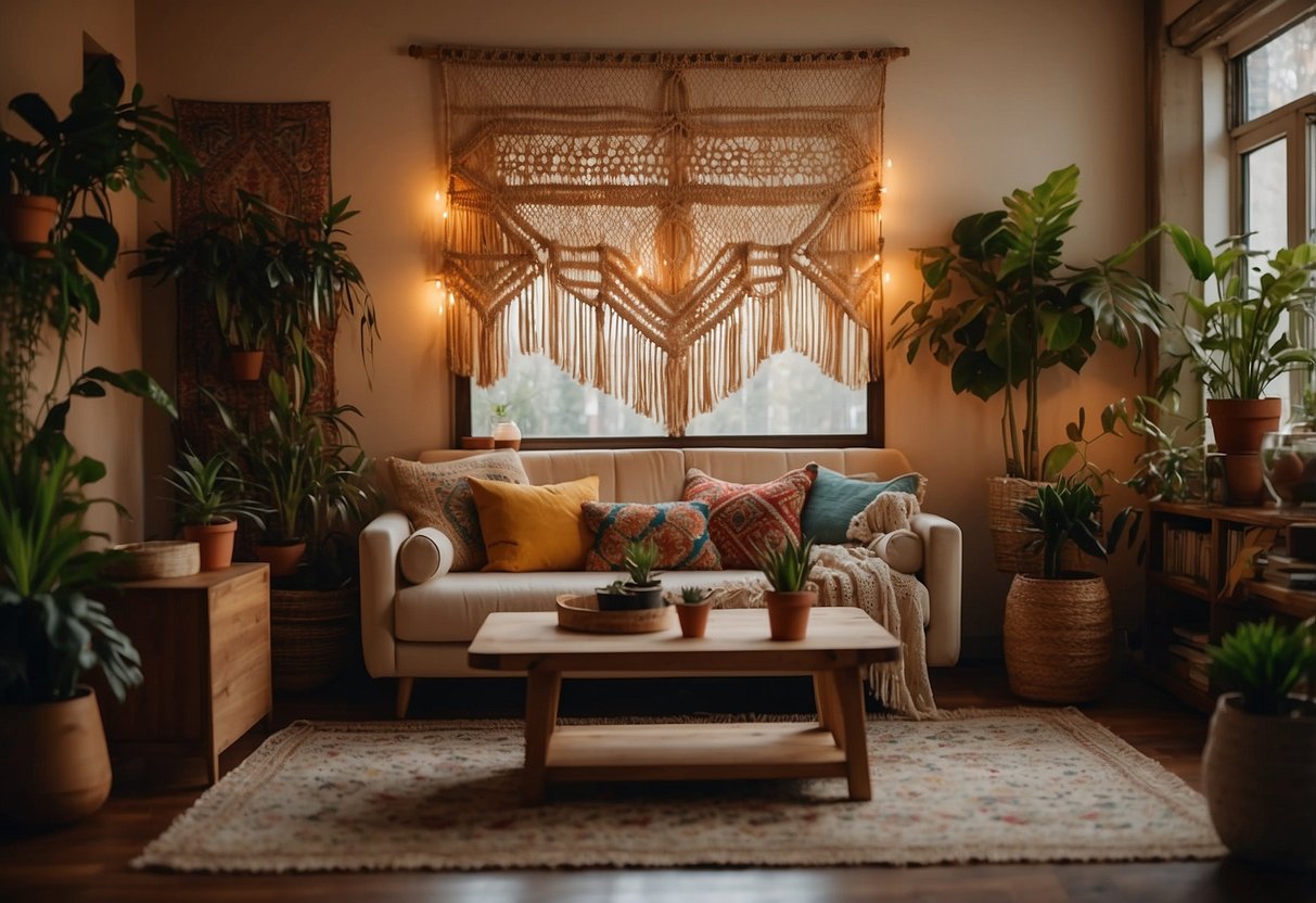 A cozy living room with a macrame wall hanging, vintage furniture, and colorful tapestries. Warm lighting and plants add to the bohemian vibe