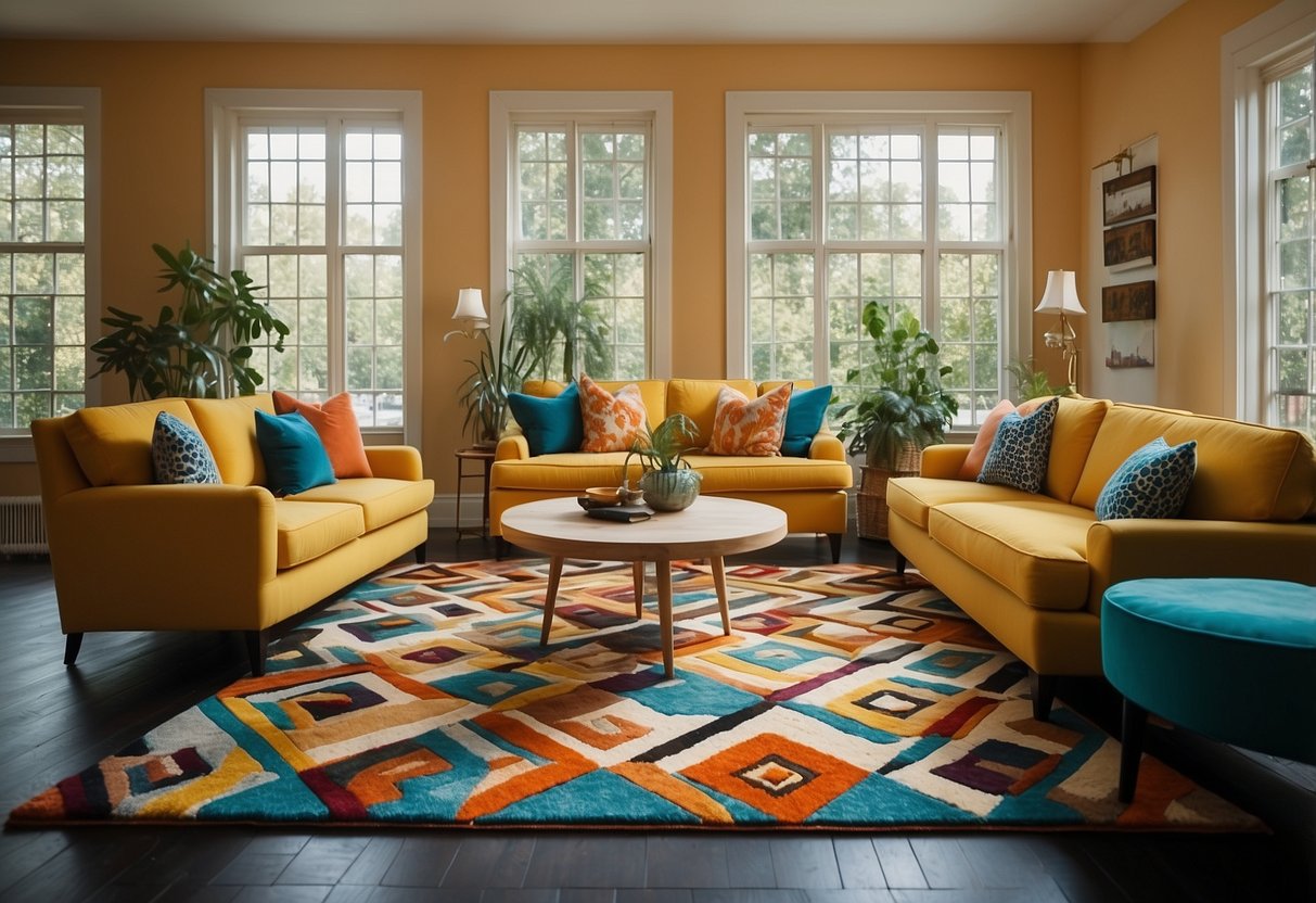 A living room with colorful geometric patterned rugs, retro furniture, and vibrant wall art