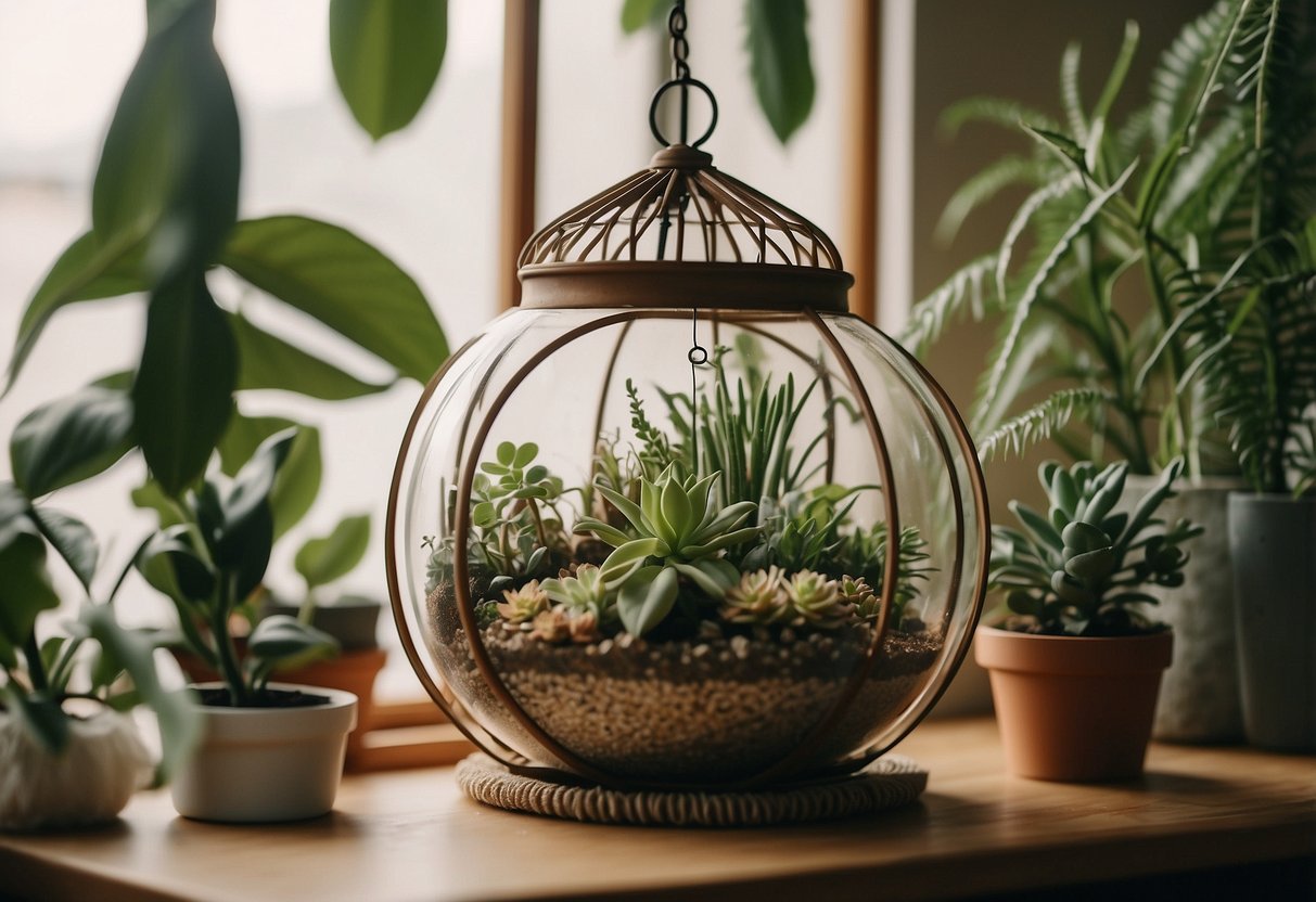 A vintage terrarium sits on a macrame hanger, surrounded by hanging plants and retro decor. The room is filled with earthy tones and natural textures, capturing the essence of 70's home decor