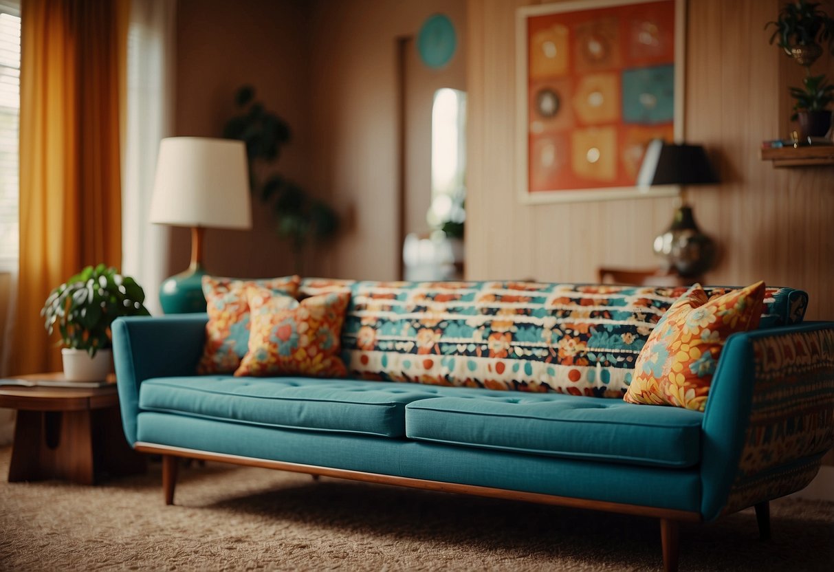 A mid-century modern sofa sits in a 70's living room, adorned with bold patterns and vibrant colors