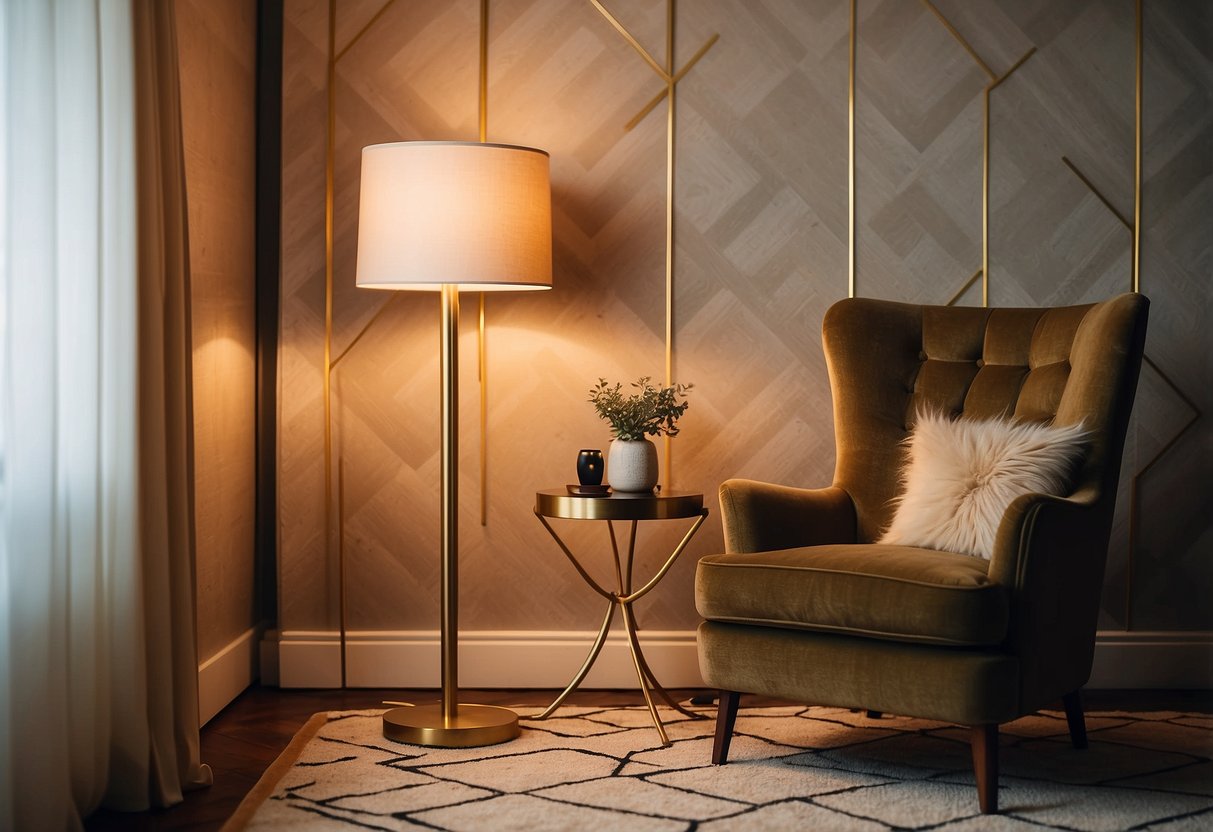 An antique brass floor lamp stands next to a retro armchair in a 70's inspired living room with shag carpet and geometric wallpaper