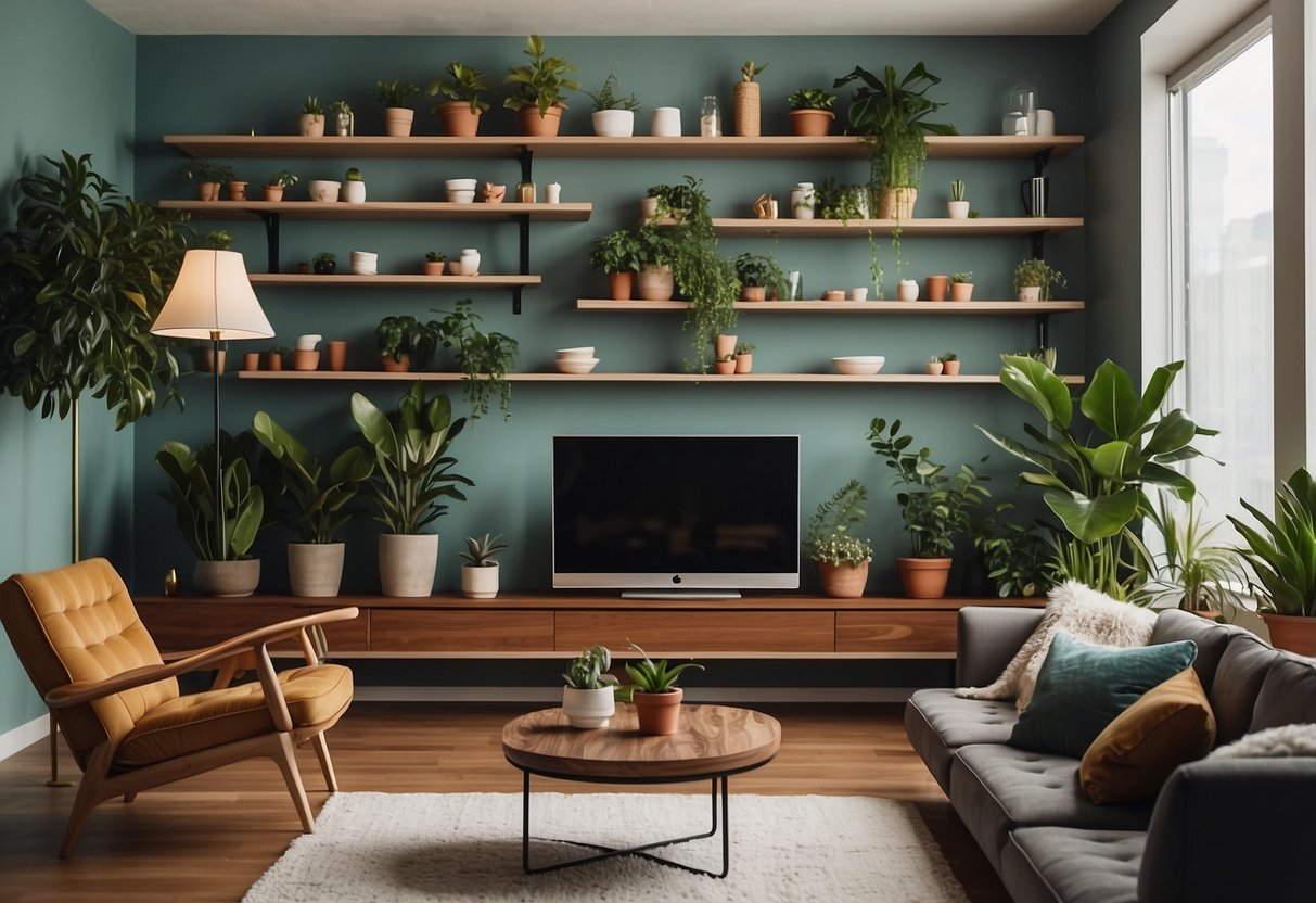 A modern, 70's inspired living room with sleek, minimalist floating shelves displaying retro decor and houseplants