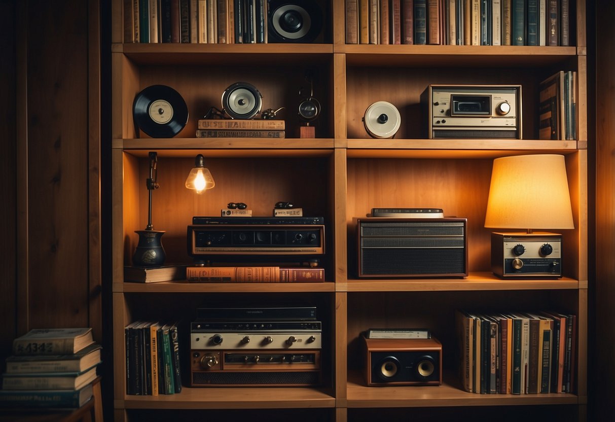 A vintage industrial bookshelf filled with 70's decor items, such as vinyl records, retro lamps, and old books