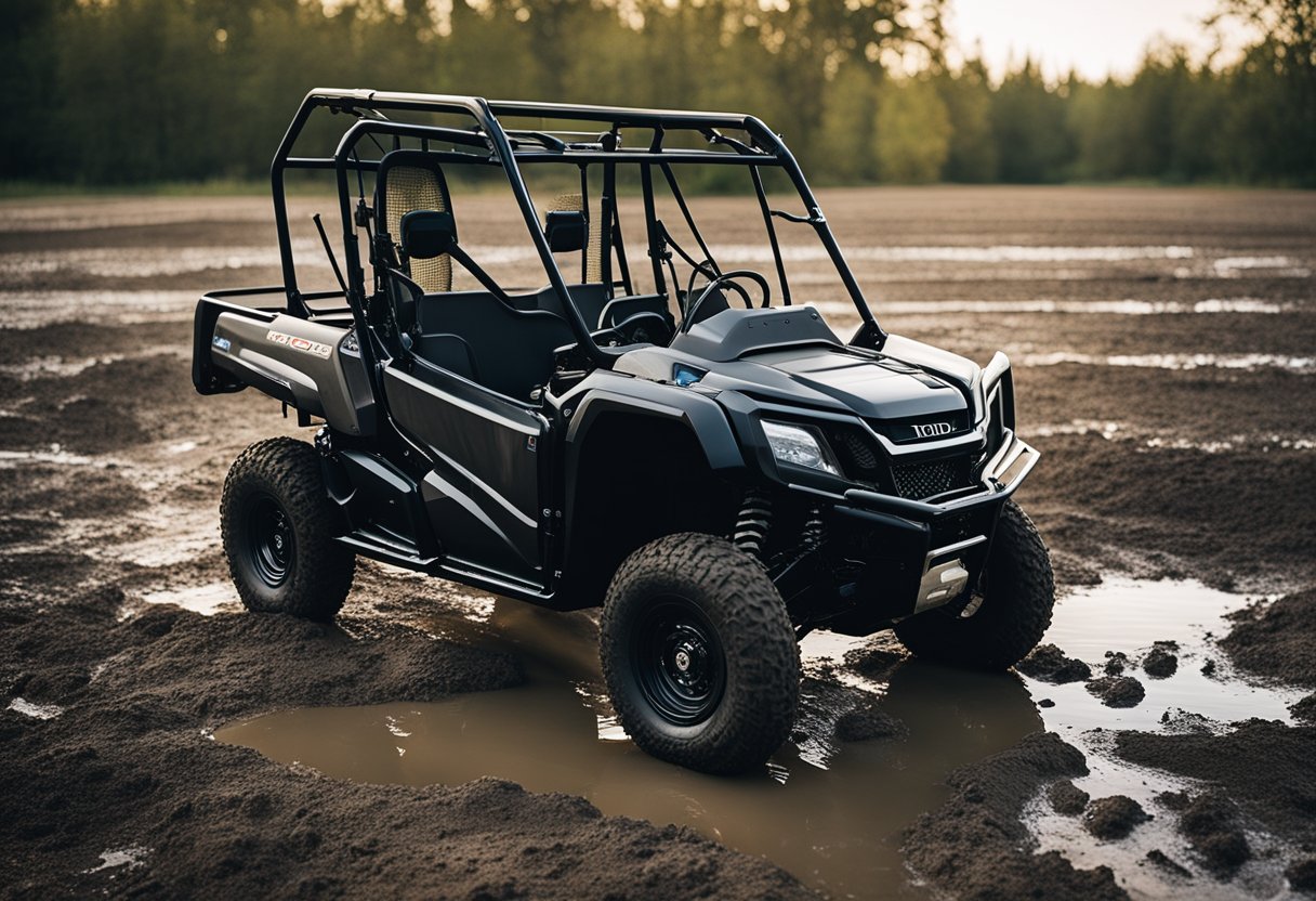 The Honda Pioneer 500 sits idle with a flat tire and leaking oil in a muddy field