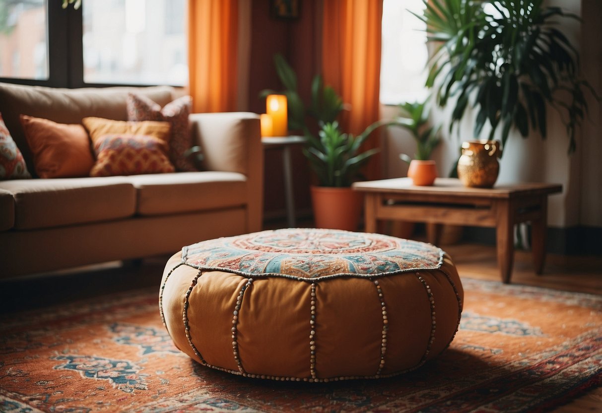 A cozy 70's living room with a Moroccan pouf ottoman as the centerpiece, surrounded by retro decor and vibrant colors