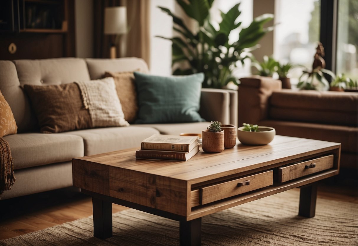 A rustic wood coffee table sits in a 70's living room, adorned with vintage decor and earthy tones