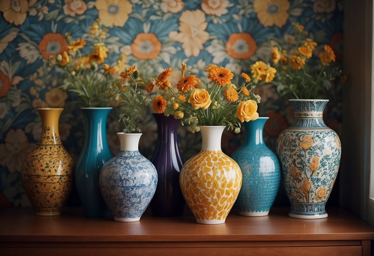 Colorful ceramic vases arranged on a vintage sideboard with patterned wallpaper in the background