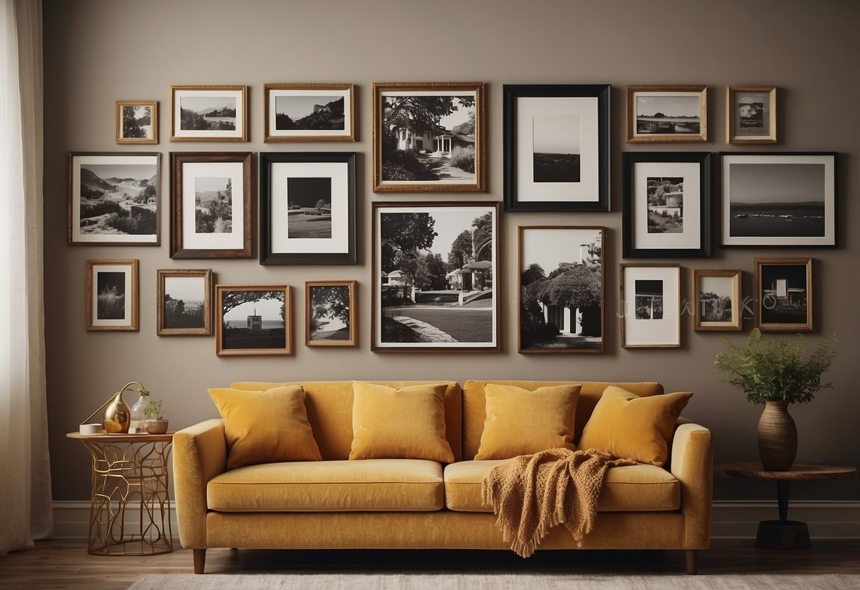 A gallery wall adorned with vintage frames showcasing 70's home decor ideas